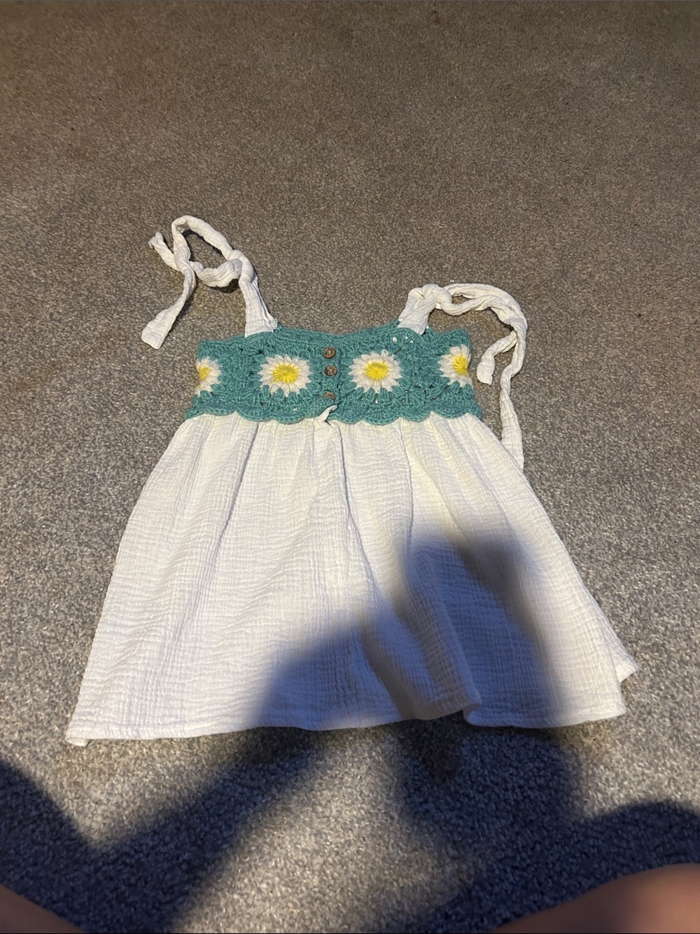 White Girls' Tank Top with Green Daisy Crochet Yoke